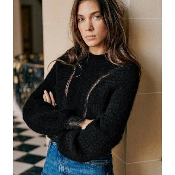 EUC Sezane Cheryl Mohair Wool Lace Trim Sweater Black Medium - Picture 1 of 8